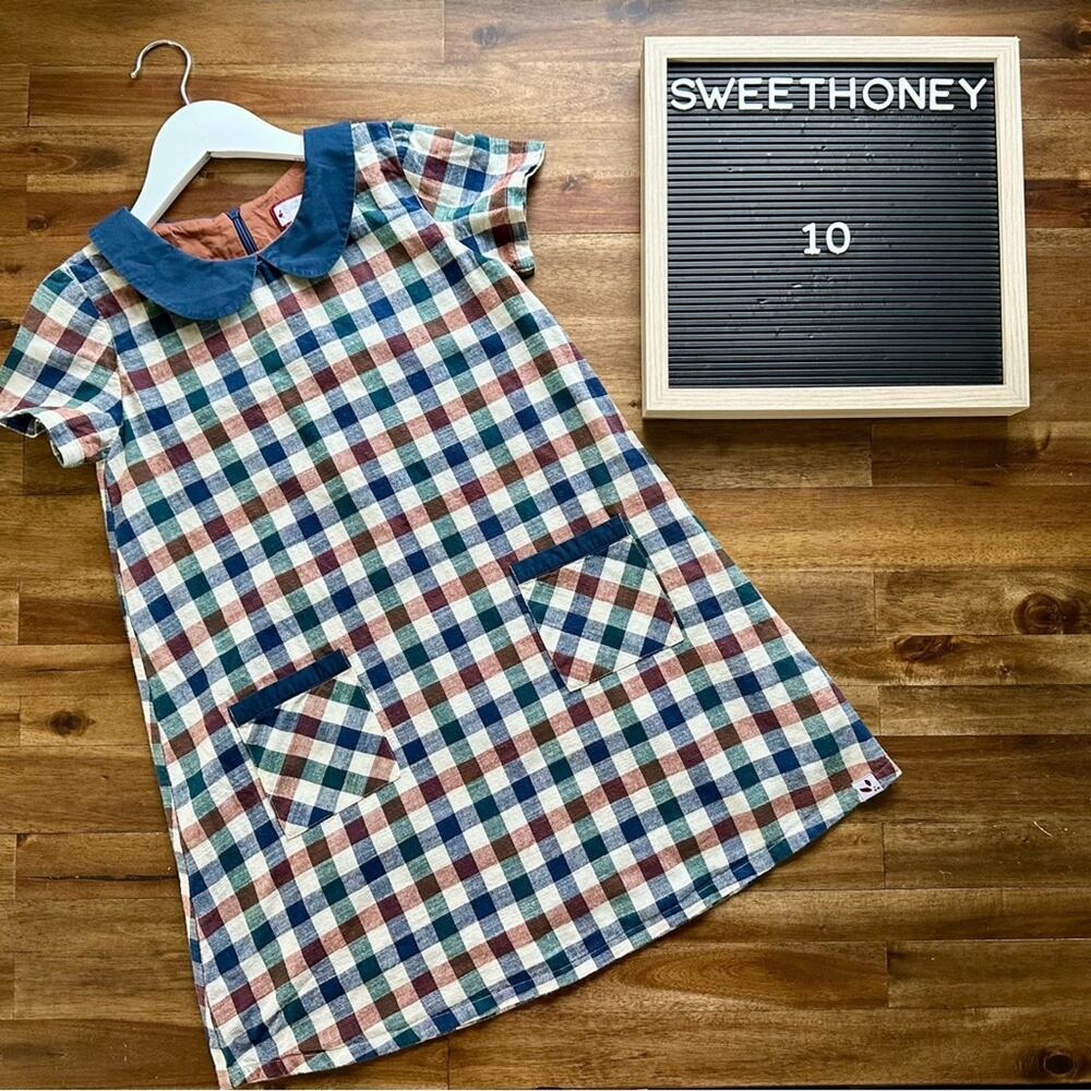 SweetHoney Short Sleeve Cotton Classic Girl Dress Autumn Plaid Blue Green Tan 10